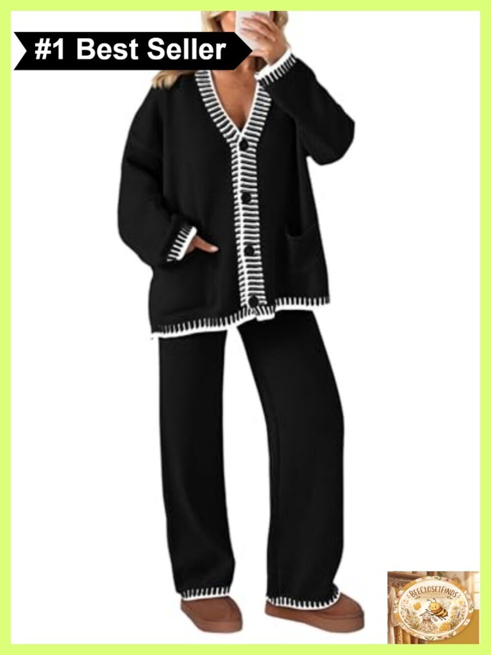 Women's 2 Piece Cozy Knit Sweater Lounge Set Button Cardigan Wide Leg Pants